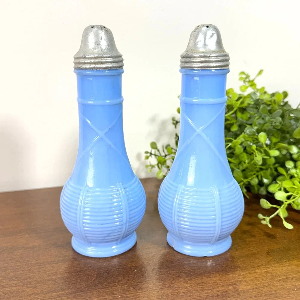 Vintage Jeannette Blue Delphite Milk Glass Salt & Pepper Shakers with Lids 6in